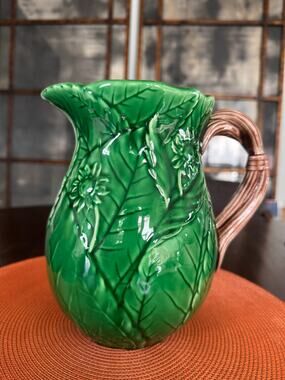 Vintage Majolica Style Green Leaf Motif Pitcher- 1983 - MInt!